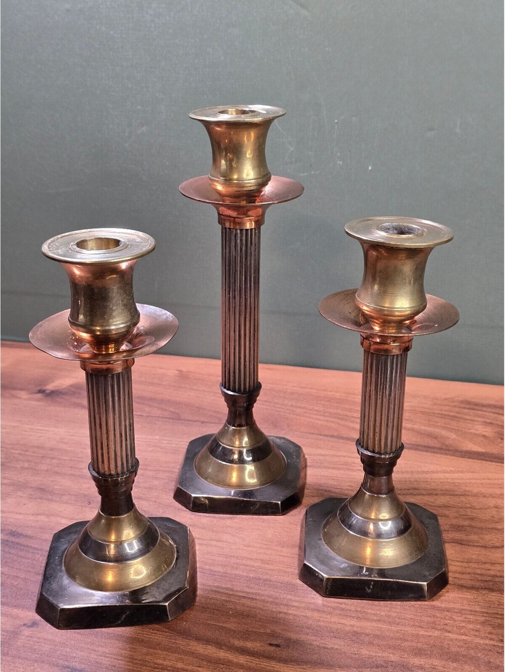 Vintage Corinthian Fluted Pillar Candlesticks Mixed Metal 3 Piece Trio Set